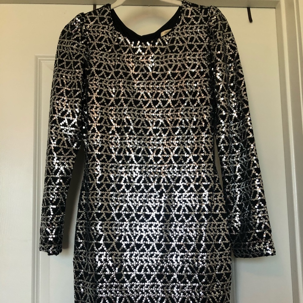 Long Sleeve, Black, Silver Sequin Cocktail Dress